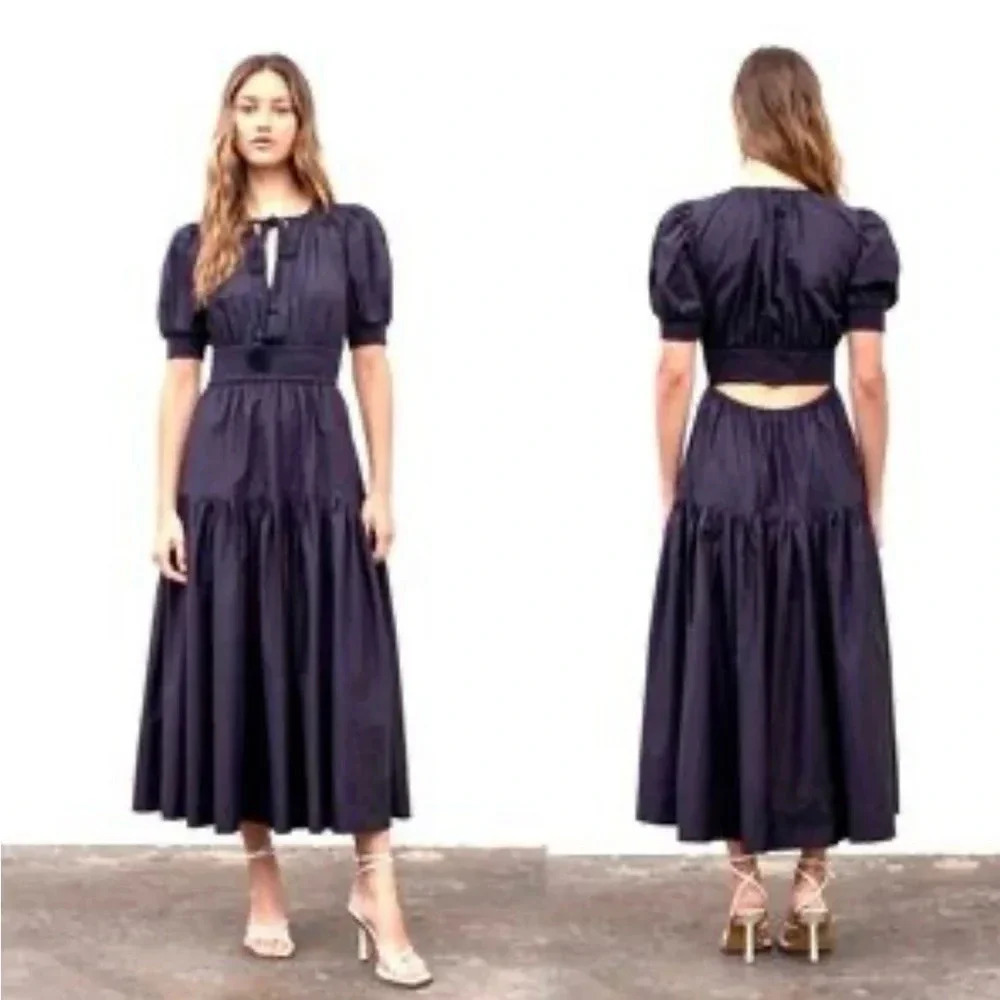 Anthropologie Moon River Puff-Sleeve Dress Fit & Flare Summer Casual Navy Size S